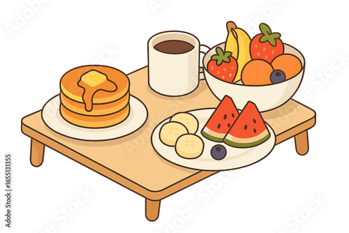 Breakfast spread with pancakes, fresh fruit, and coffee on a wooden table