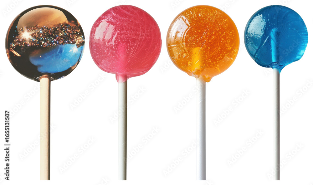 PNG Four colorful lollipops in a row on white sticks element set on transparent background. PNG Four colorful lollipops in a row on white sticks element set on transparent background.
