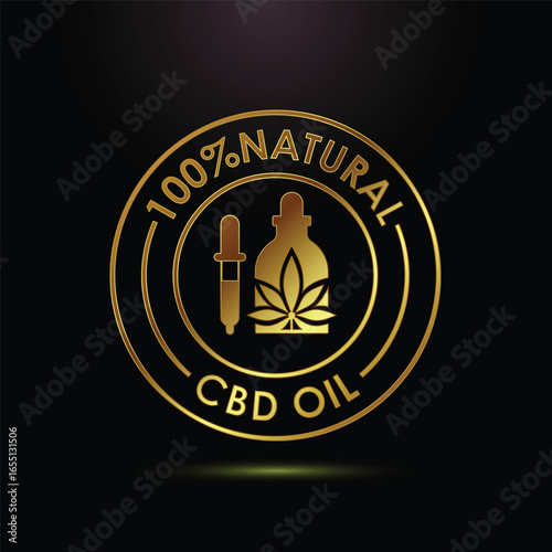 Elegant Golden 100 Percent Natural CBD Oil Label Design on a Black Background