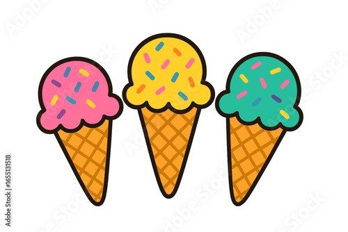 Colorful ice cream cones with sprinkles placed side by side in a cheerful design featuring pink, yellow, and green flavors