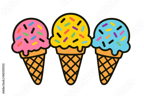 Colorful ice cream cones with sprinkles served in a sunny park on a warm summer day