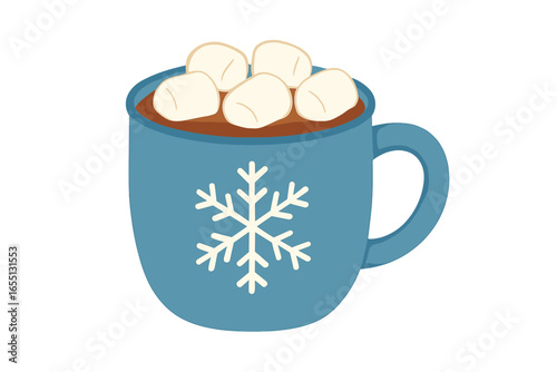 Warm winter drink with marshmallows in a cozy blue mug decorated with a snowflake design