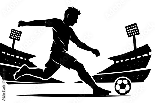 Soccer player kicks a ball towards the goal in an empty stadium during a sunny day