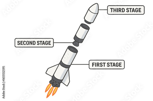 Rocket stages diagram illustrating first, second, and third stage components with propulsion features and labels