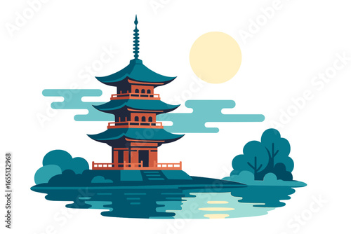 Traditional pagoda reflects in calm water under a bright sun in an idyllic landscape setting