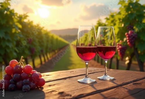 Wallpaper Mural elegant luxury wine glasses surrounded lush vineyard landscape sunlight sparkling glassware vine rows grapes, elegance, nature, table, bottle, cheers Torontodigital.ca