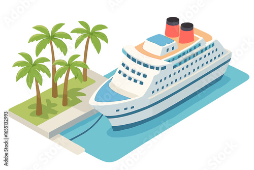Cruise ship docked at a tropical port surrounded by palm trees under a clear blue sky