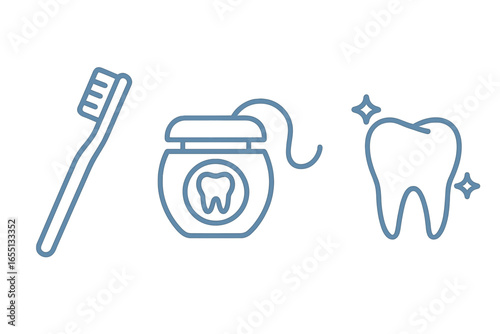 Oral hygiene essentials with toothbrush, dental floss, and a clean tooth representation