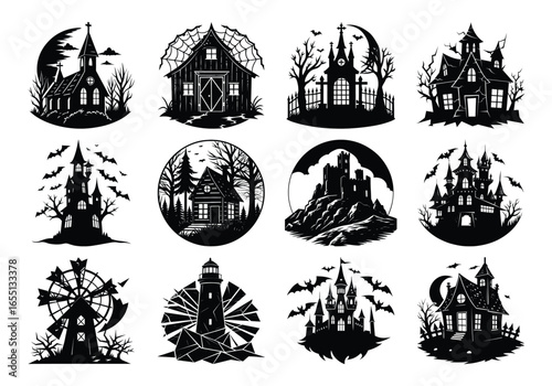 Assortment of haunted house silhouettes, gothic architecture, and creepy buildings for halloween