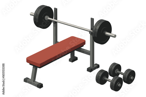 Weight lifting equipment set in a gym with a bench press and dumbbells ready for workout