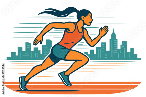 Woman running swiftly in a cityscape during daytime showcasing athleticism and determination