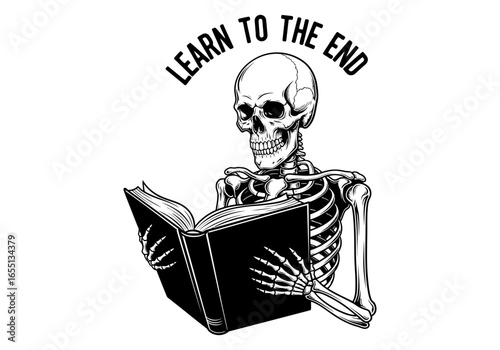 Vector art of skeleton reading a book with the quote learn to the end isolated on white