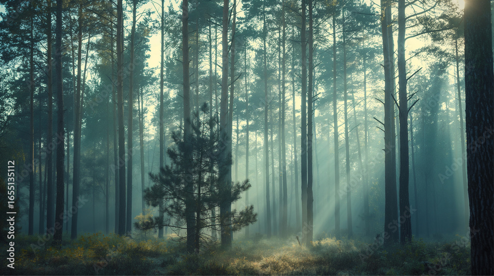 Fototapeta premium Misty Pine Forest with Sun Rays at Dawn