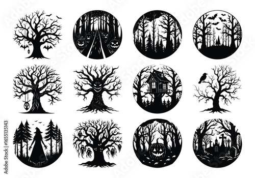 Collection of spooky halloween trees and haunted forest silhouettes with pumpkins, skulls, and bats isolated on white background