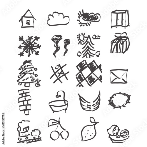 Symbol Tales Freehand drawings, thin lines, flat colors, silhouette, vector