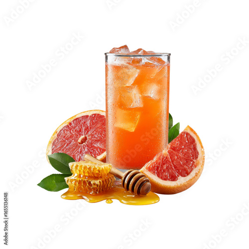Refreshing Grapefruit Honey Iced Drink with Honeycomb and Citrus Leaves
