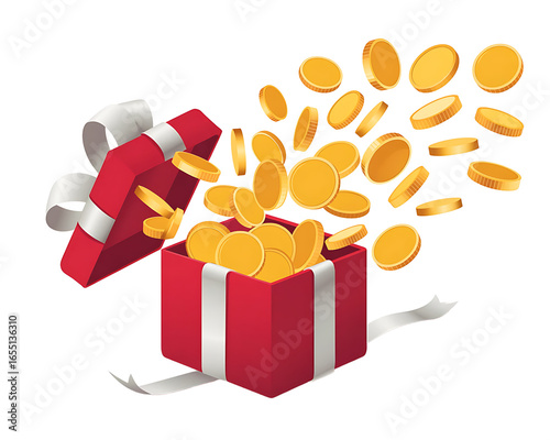 Red gift box overflowing with gold coins on a black background
