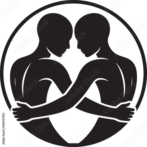 Two Figures Embracing in a Circle Symbolizing Unity Connection and Interdependence Icon