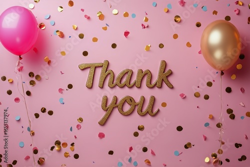Celebration Decor With Thank You Message and Party Elements on Pink Background.