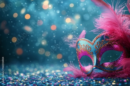 Colorful Mardi Gras Mask With Feathers and Glitter on a Sparkling Background