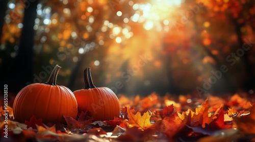 Autumn Pumpkins Surrounded by Colorful Leaves in a Sunny Forest Clearing at S...