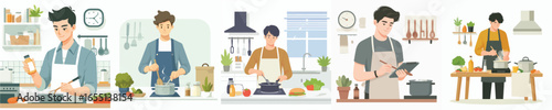 vector of young man cooking in the kitchen