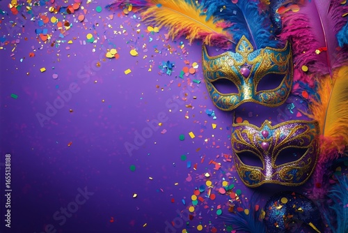 Colorful Carnival Masks and Vibrant Confetti on Purple Background for Festive...