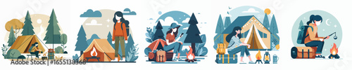 vector of young woman camping
