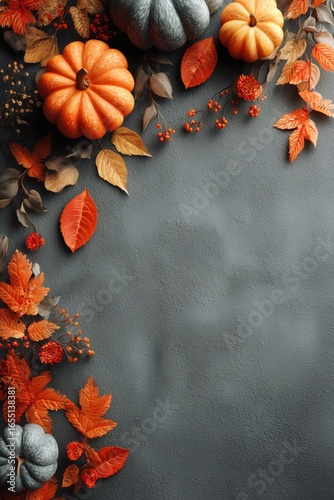 Autumn Harvest Display With Pumpkins and Colorful Foliage on a Textured Surface