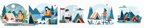 vector of young woman camping