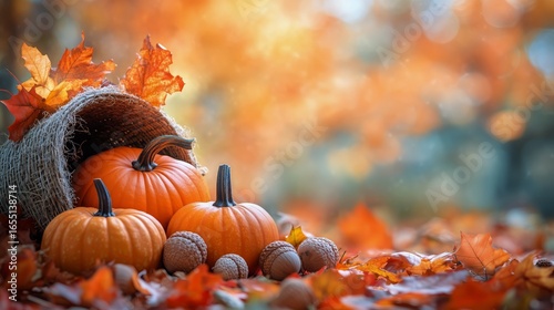 Harvest Basket Filled With Pumpkins and Apples Amidst Colorful Autumn Leaves.