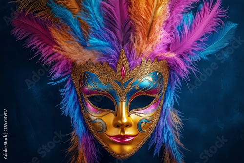 Colorful Masquerade Mask With Vibrant Feathers Displayed Against a Dark Backg...