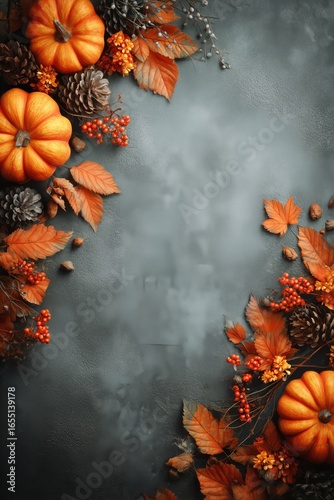 Autumn Arrangement With Pumpkins and Colorful Leaves on Dark Background in a ...