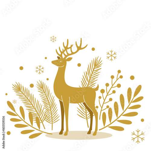 Golden reindeer figurine with abstract pine branches and snowflakes, flat vector illustration, festive holiday decor on white background