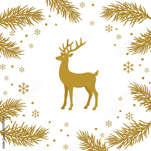 Flat vector composition of golden reindeer figurine with abstract pine branches and snowflakes, decorative holiday theme, white background