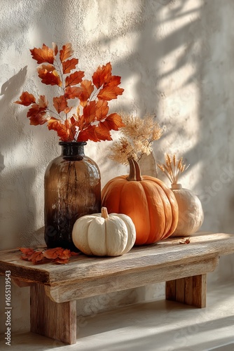 Fall Decor With Pumpkins and Dried Flowers in a Rustic Vase on a Wooden Table.