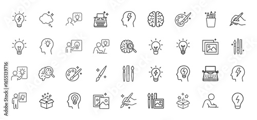 Creativity line icon set. Vector pictograms of lightbulb, brain, thought bubble, typewriter, art palette, paint brushes, pencils, hand drawing, and innovative ideas, thin linear illustration.