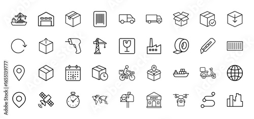Logistics line icon set. Vector pictograms of shipping container, warehouse, delivery truck, parcel, barcode, fragile sign, drone, and route, thin linear illustration.