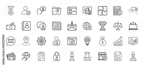 Business strategy line icon set. Vector pictograms of chess pieces, money, charts, user profiles, folders, calculators, trophies, and documents, thin linear illustration.
