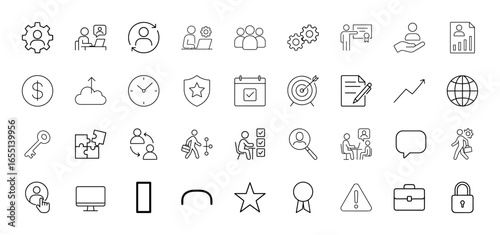Business management line icon set. Vector pictograms of people, gears, documents, money, cloud, calendar, target, globe, key, computer, and briefcase, thin linear illustration.