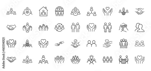Community line icon set. Vector pictograms of people groups, handshakes, hearts, hands, network, globe, collaboration, and support, thin linear illustration.