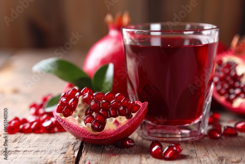 Pomegranate juice and pieces of pomegranate fruit are sitting on a wooden table