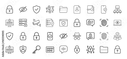 Cyber security line icon set. Vector pictograms of padlock, shield, eye, password, server, CCTV camera, folder, document, smartphone, network, fingerprint, incognito, key, thin linear illustration.