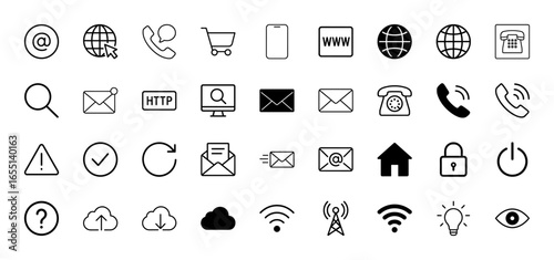 Web and communication icon set. Vector pictograms of email, globe, phone, shopping cart, smartphone, search, home, cloud, Wi-Fi, and padlock symbols, mixed line and glyph illustration.