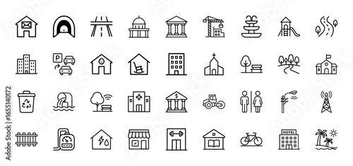 City and infrastructure line icon set. Vector pictograms of buildings, roads, services, public spaces, and transportation elements, thin linear illustration.