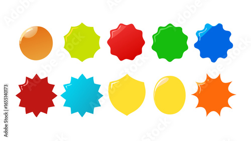 Collection of ten colorful glossy shapes including circles, stars, shields on a white background