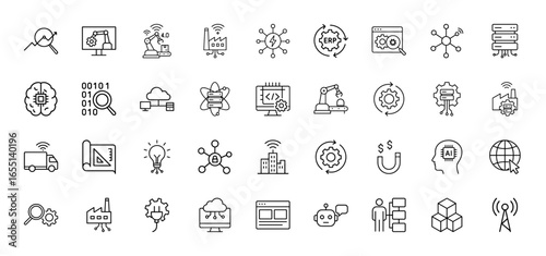 Industry 4.0 line icon set. Vector pictograms of robotics, smart factory, artificial intelligence, cloud computing, data analysis, automation, and networking, thin linear illustration.