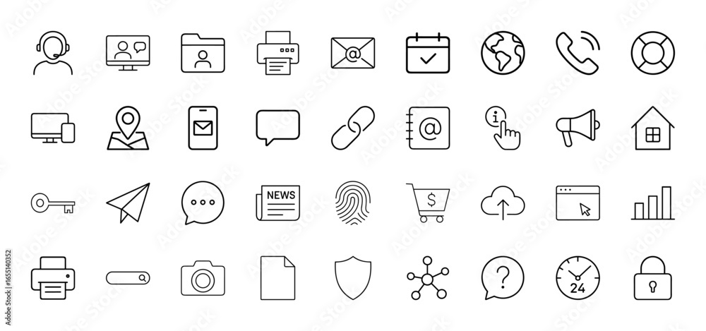 Web and communication line icon set. Vector pictograms of headset, email, globe, phone, house, shopping cart, analytics, camera, shield, thin linear illustration.