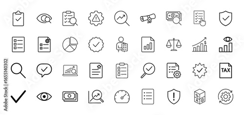 Business analysis line icon set. Vector pictograms of clipboard, magnifying glass, document, chart, checkmark, money, scales, shield, gear, eye, laptop, thin linear illustration.
