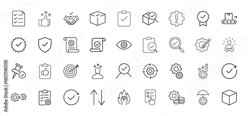 Business and quality control line icon set. Vector pictograms of checklist, thumbs, handshake, package, clipboard, gears, shield, target, conveyor, protection, process, document, and audit, thin linea